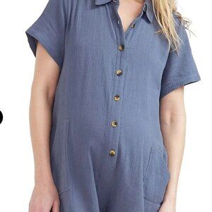 Hatch the Lenora Maternity Romper Cotton V Neck Buttons Gray Blue